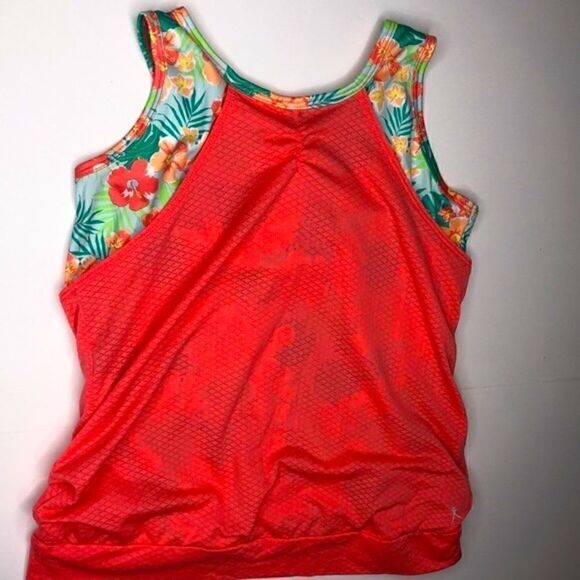 Danskin NOW Athletic Workout Double 2-Layer Top Coral Green L (10-12) Tropical - Picture 2 of 9